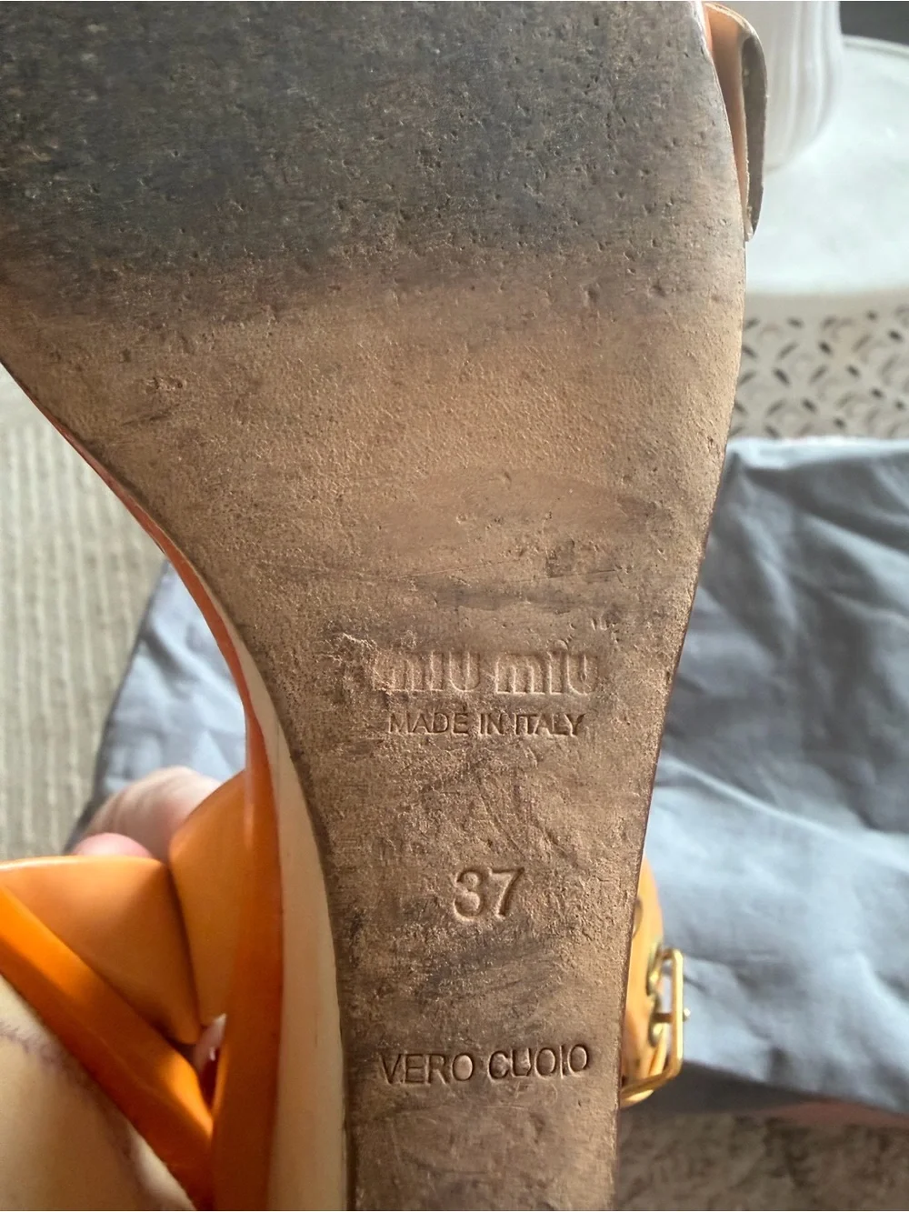 Miu Miu Orange Patent Leather Wedge Sandals with Gold Grommets